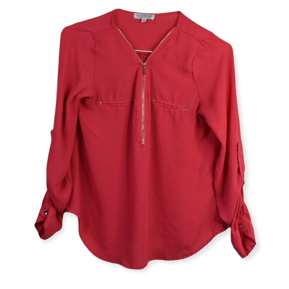 Active USA Blouse M Womens Zip Front Long Sleeve Pink Polyester Roll Tab Top